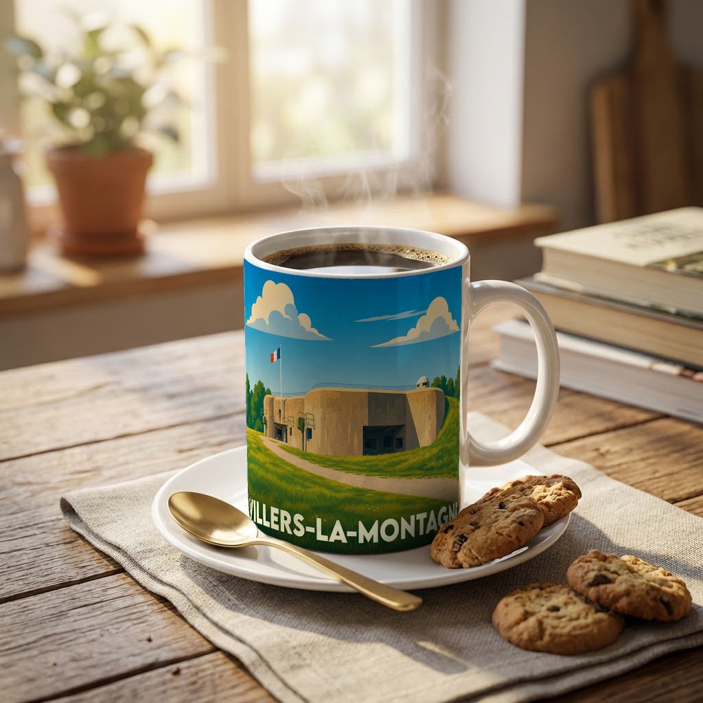 Mug souvenir de la ville de Villers-la-Montagne avec une illustration stylisée d'un fort.
