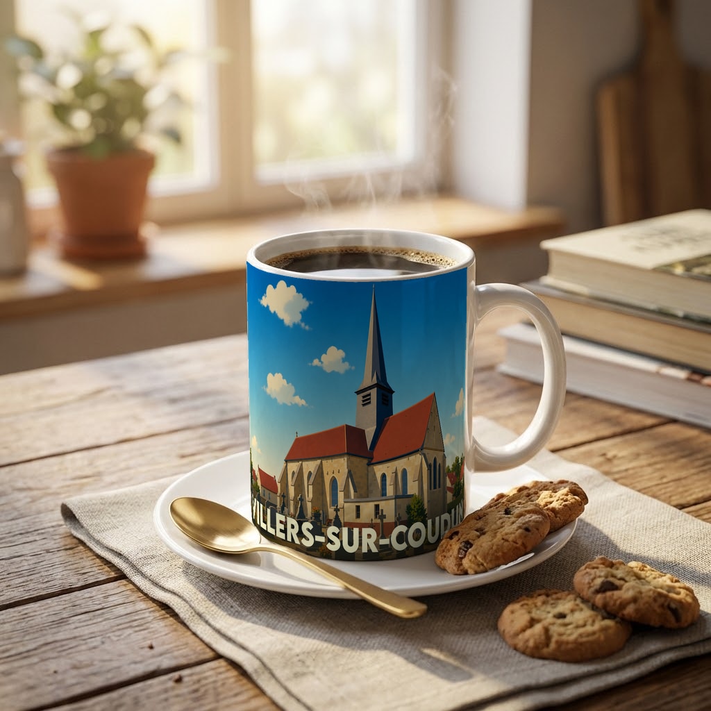Mug souvenir de la ville de Villers-sur-Coudun illustré d'une église sous un ciel bleu.