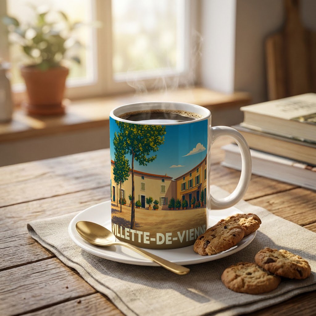 Mug souvenir de la ville de Villette-de-Vienne avec une illustration stylisée.