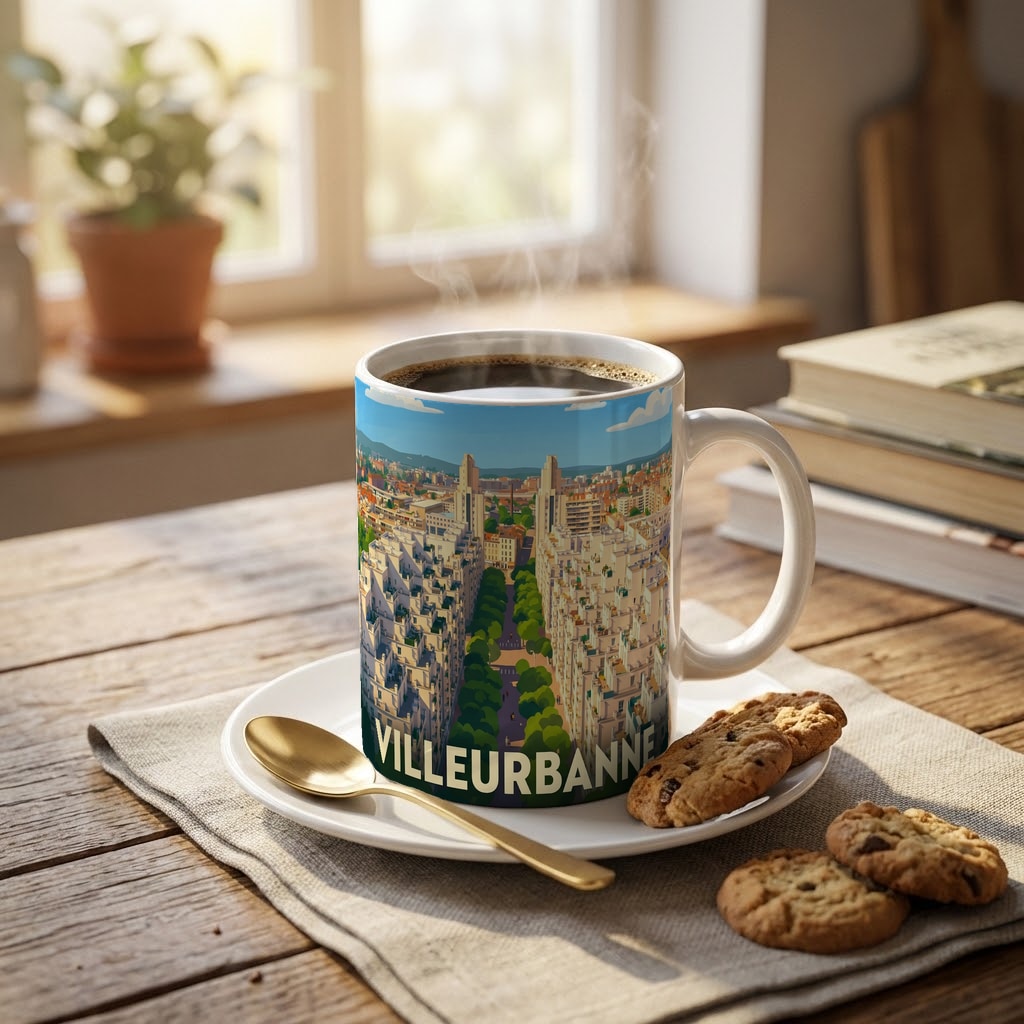 Mug souvenir de la ville de Villeurbanne avec une illustration stylisée de son quartier des Gratte-Ciel.