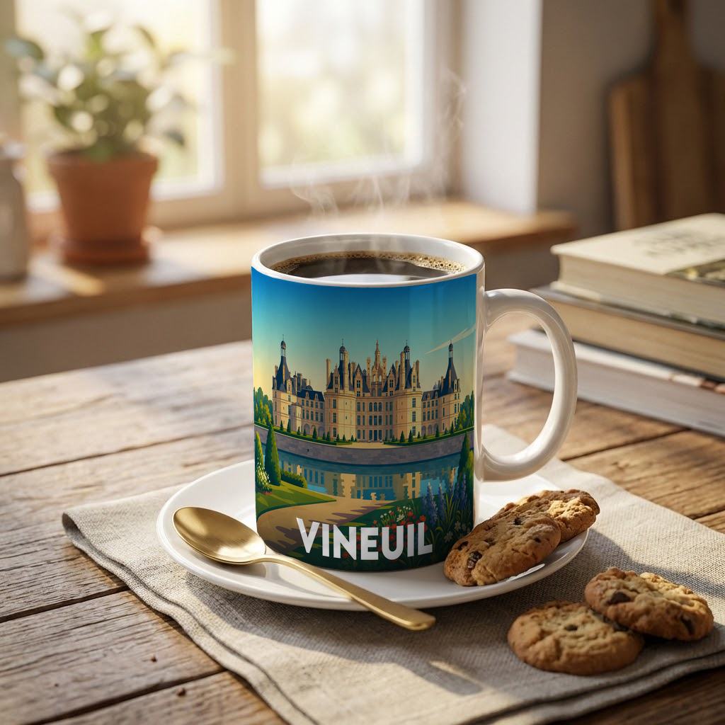 Mug souvenir de la ville de Vineuil avec une illustration stylisée d'un château.