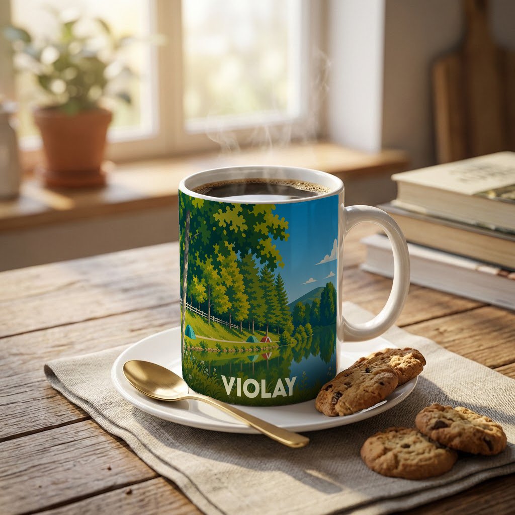 Mug souvenir de la ville de Violay illustré d'un paysage de nature stylisé.