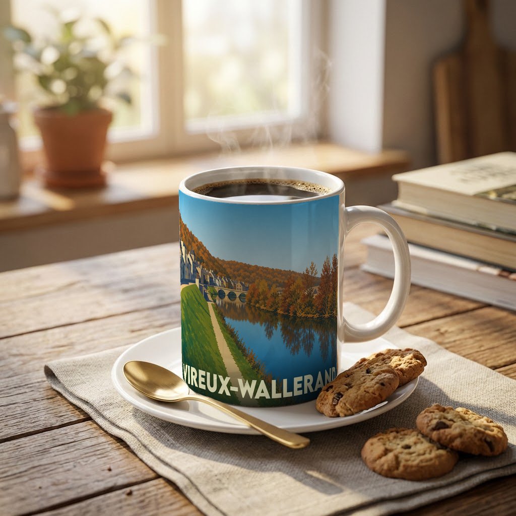 Mug souvenir de la ville de Vireux-Wallerand orné d'une illustration paysagère stylisée.