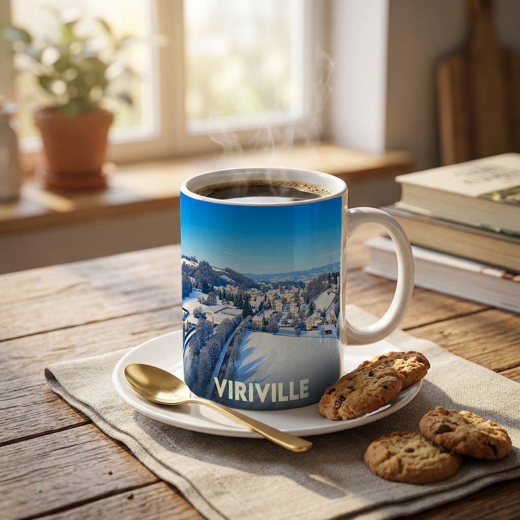 Mug souvenir de la ville de Viriville orné d'une illustration hivernale stylisée.