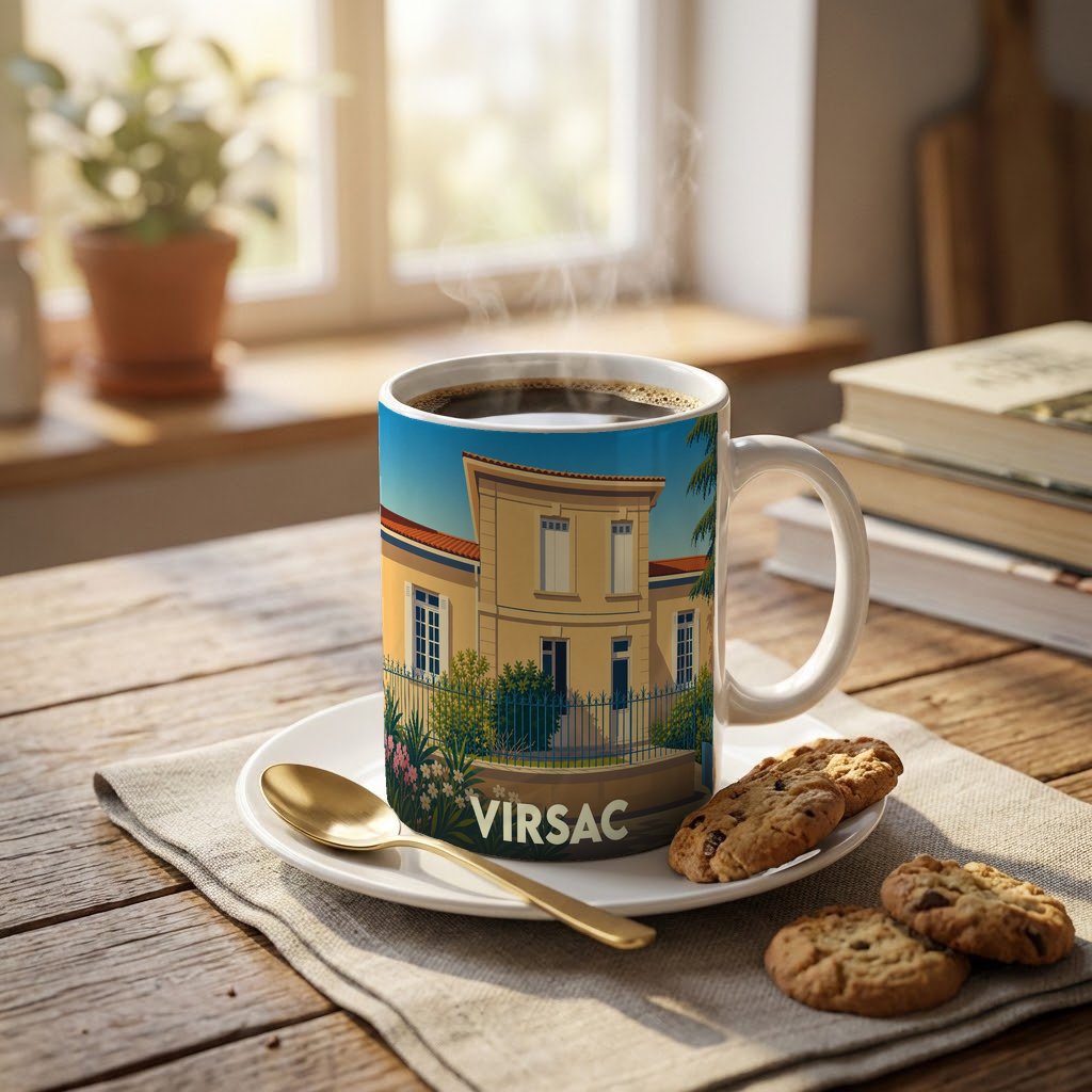 Mug souvenir de la ville de Virsac avec une illustration stylisée d'une maison de maître.