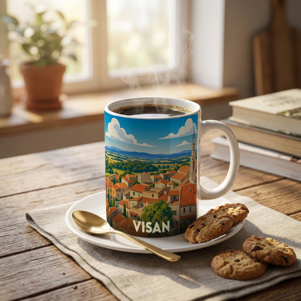 Mug souvenir de la ville de Visan orné d'une illustration stylisée de son paysage urbain et de sa campagne.