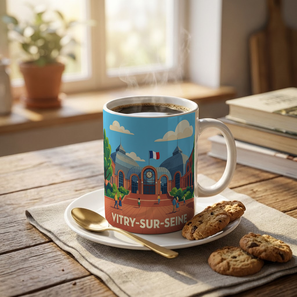 Mug souvenir de la ville de Vitry-sur-Seine avec une illustration stylisée.