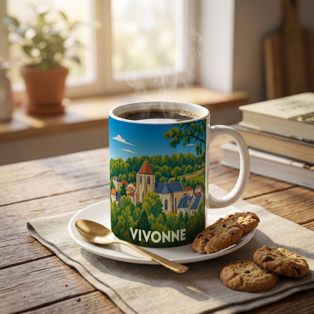 Mug souvenir de la ville de Vivonne avec une illustration stylisée d'un paysage urbain verdoyant.