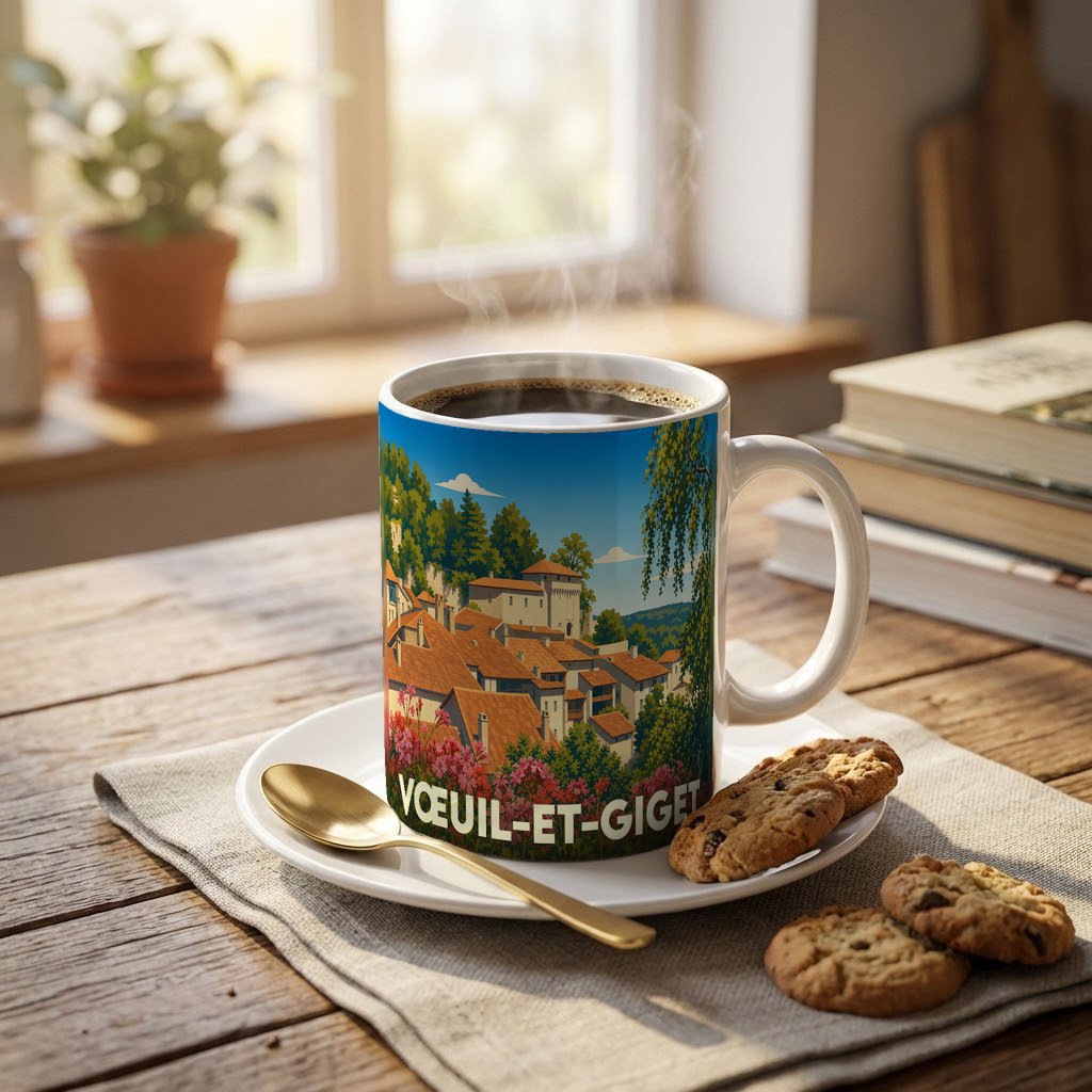 Mug souvenir de la ville de Vœuil-et-Giget illustré d'un paysage de village pittoresque.