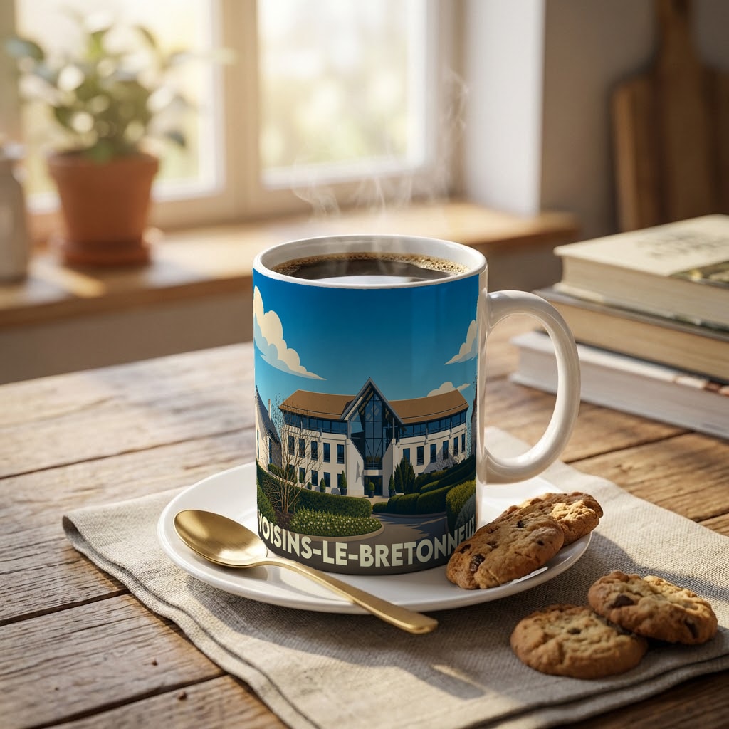 Mug souvenir de la ville de Voisins-le-Bretonneux avec une illustration stylisée de son architecture.