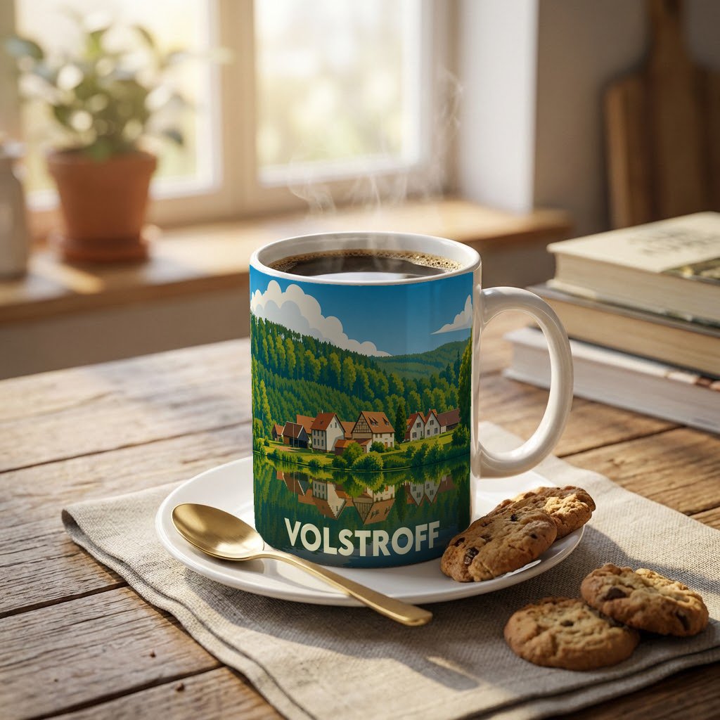 Mug souvenir de la ville de Volstroff avec une illustration stylisée d'un village en bord de lac.