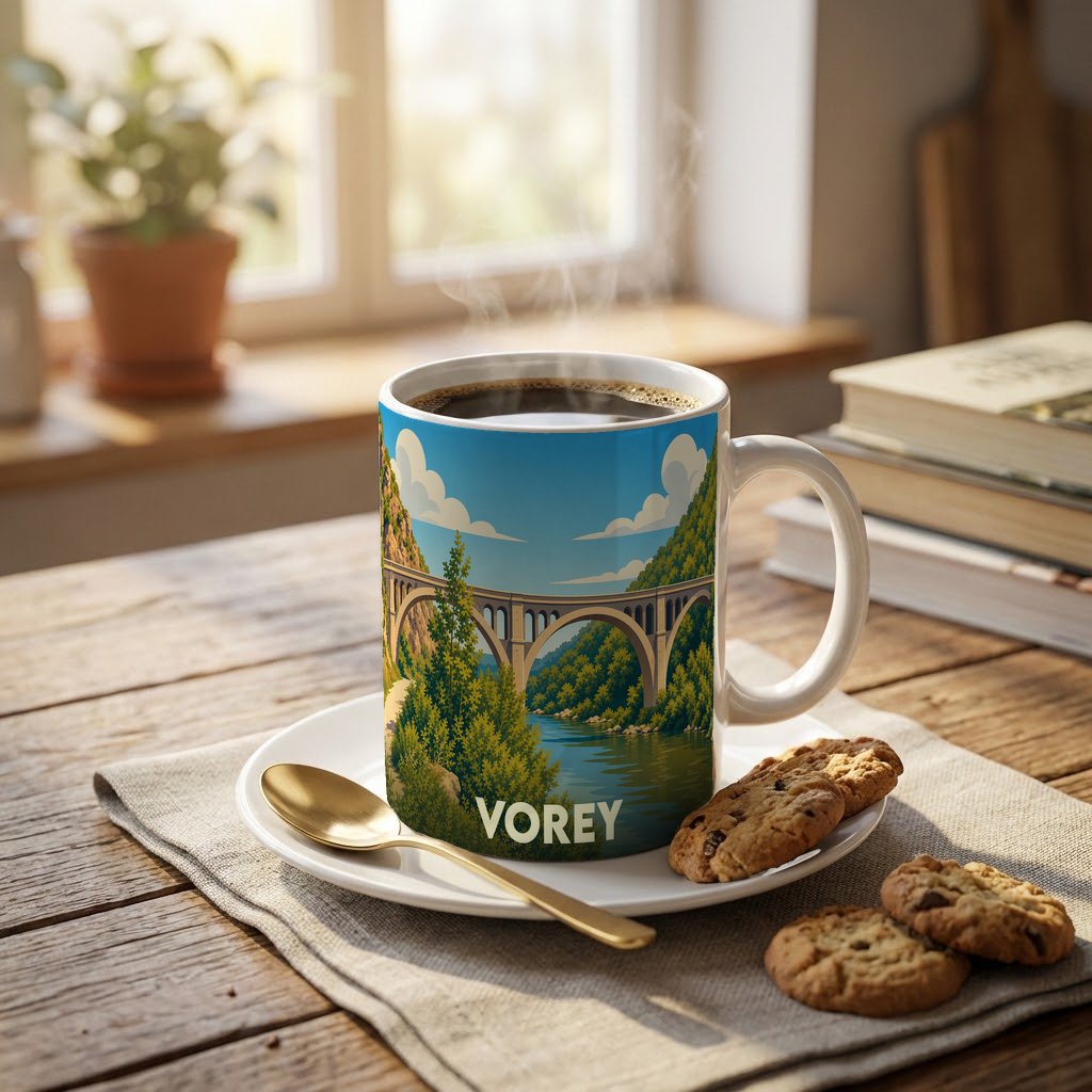 Mug souvenir de la ville de Vorey illustré d'un pont enjambant une rivière dans un paysage montagneux.
