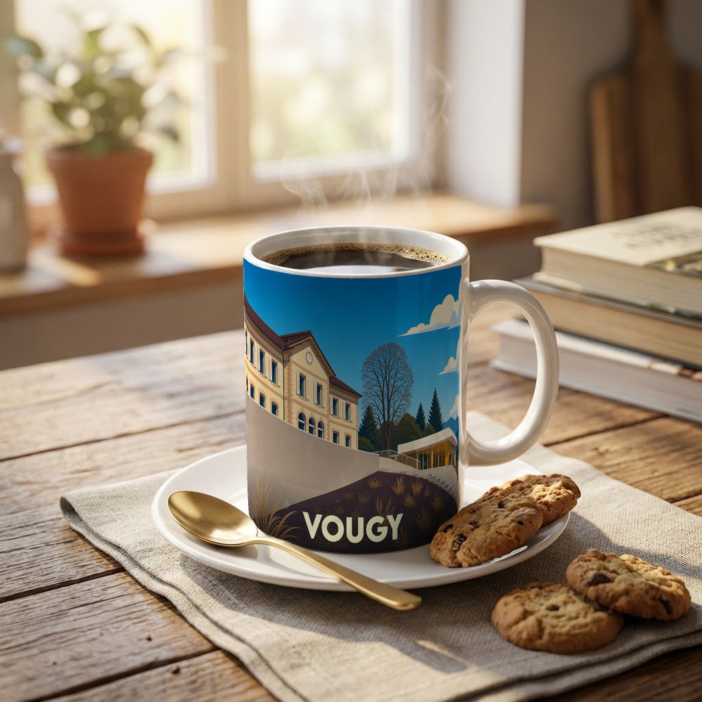 Mug souvenir de la ville de Vougy avec une illustration stylisée.