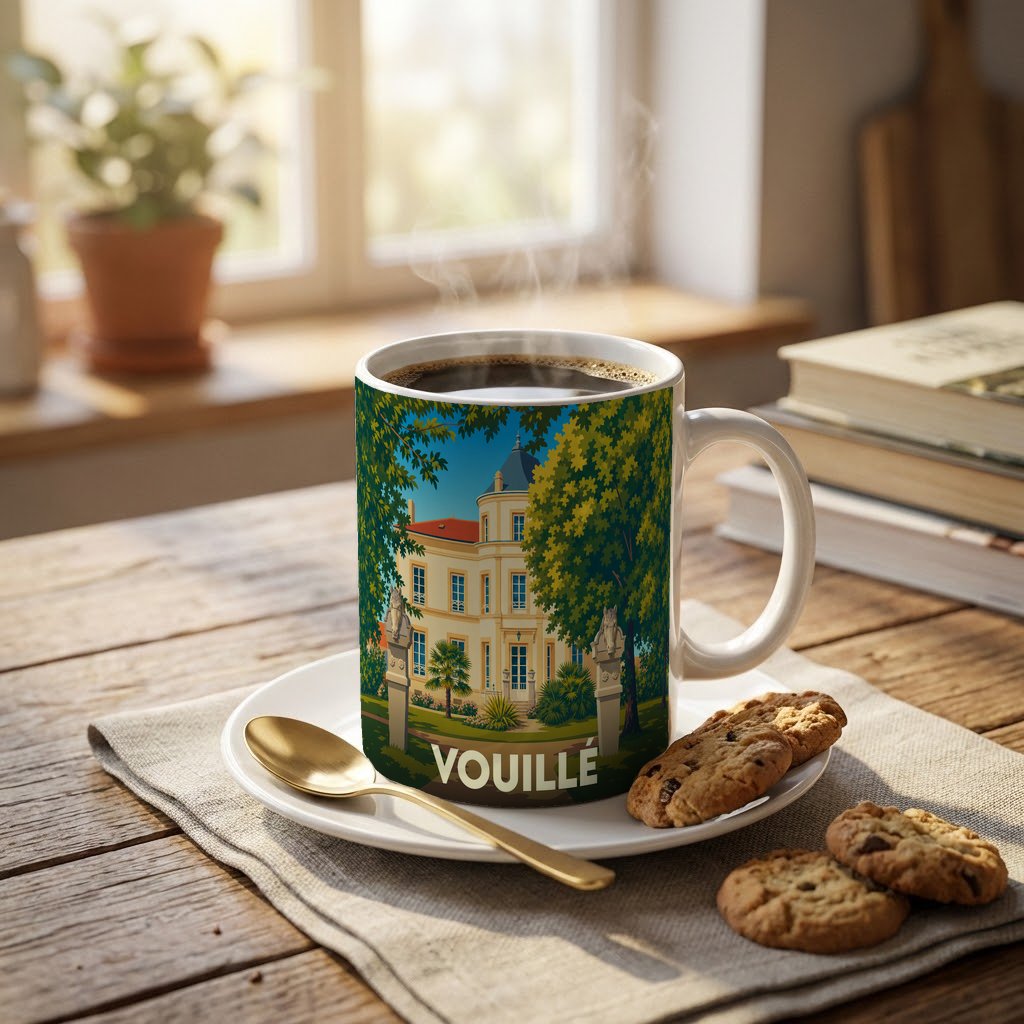 Mug souvenir de la ville de Vouillé orné d'une illustration stylisée de son château.