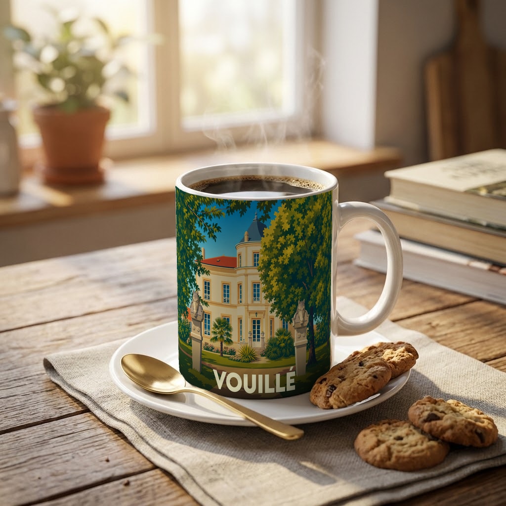 Mug souvenir de la ville de Vouillé orné d'une illustration stylisée de son château.