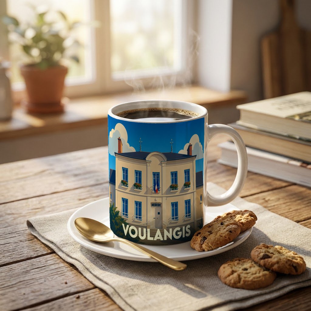 Mug souvenir de la ville de Voulangis avec une illustration stylisée de sa mairie.