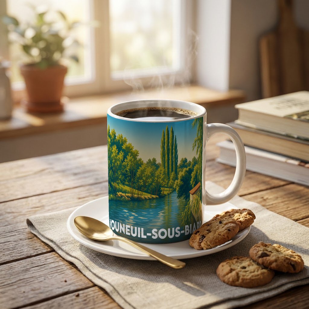 Mug souvenir de la ville de Vouneuil-sous-Biard orné d'une illustration paysagère stylisée.
