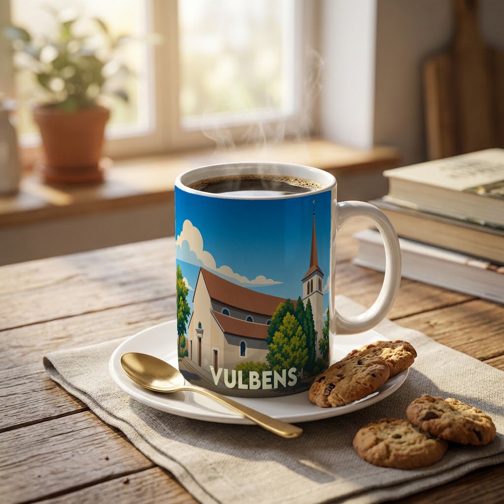 Mug souvenir de la ville de Vulbens orné d'une illustration stylisée de son église.
