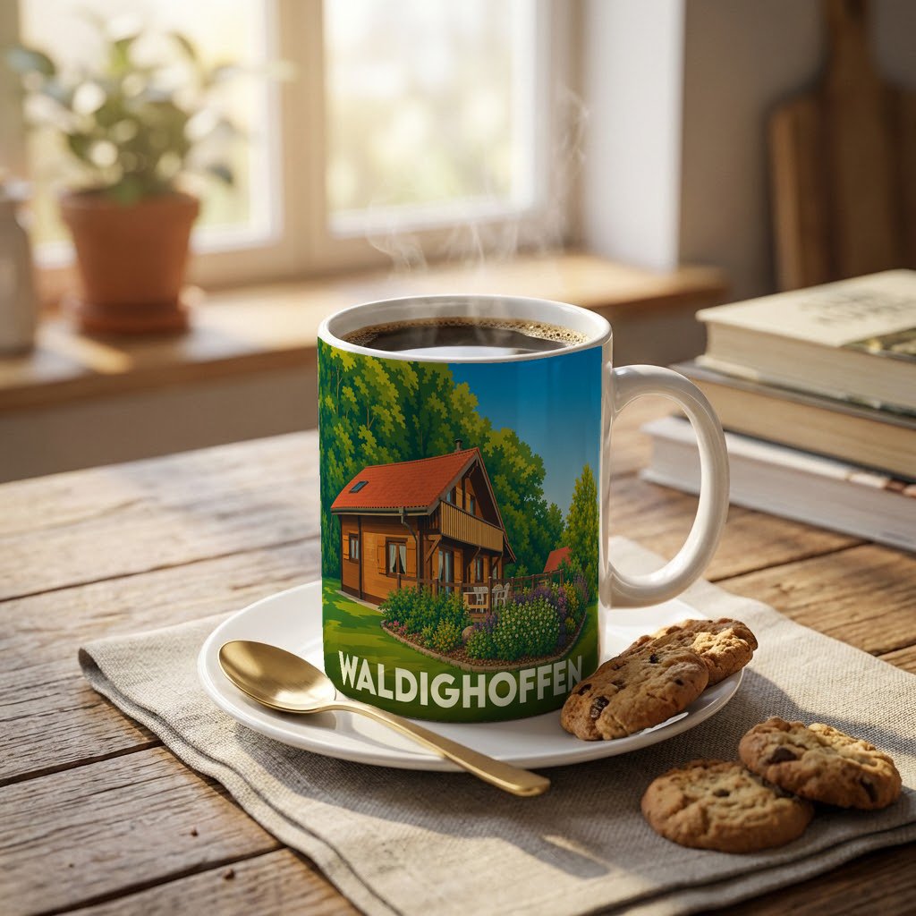 Mug souvenir de la ville de Waldighoffen illustré par un chalet entouré de nature.