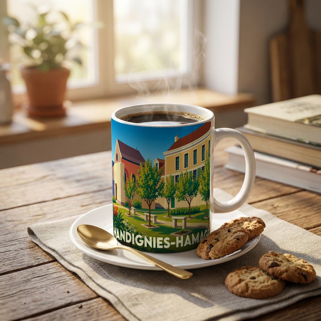 Mug souvenir de la ville de Wandignies-Hamage orné d'une illustration colorée et stylisée.
