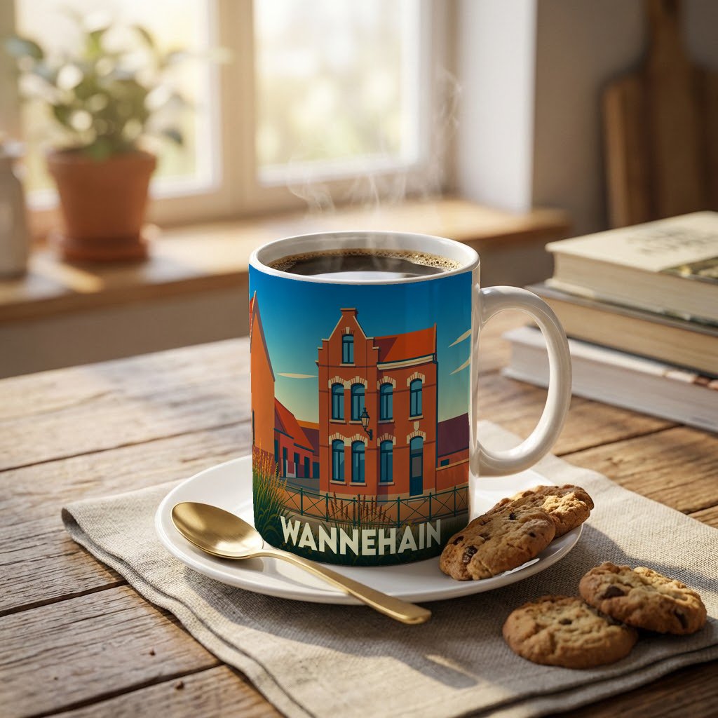 Mug souvenir de la ville de Wannehain avec une illustration stylisée d'un bâtiment typique.