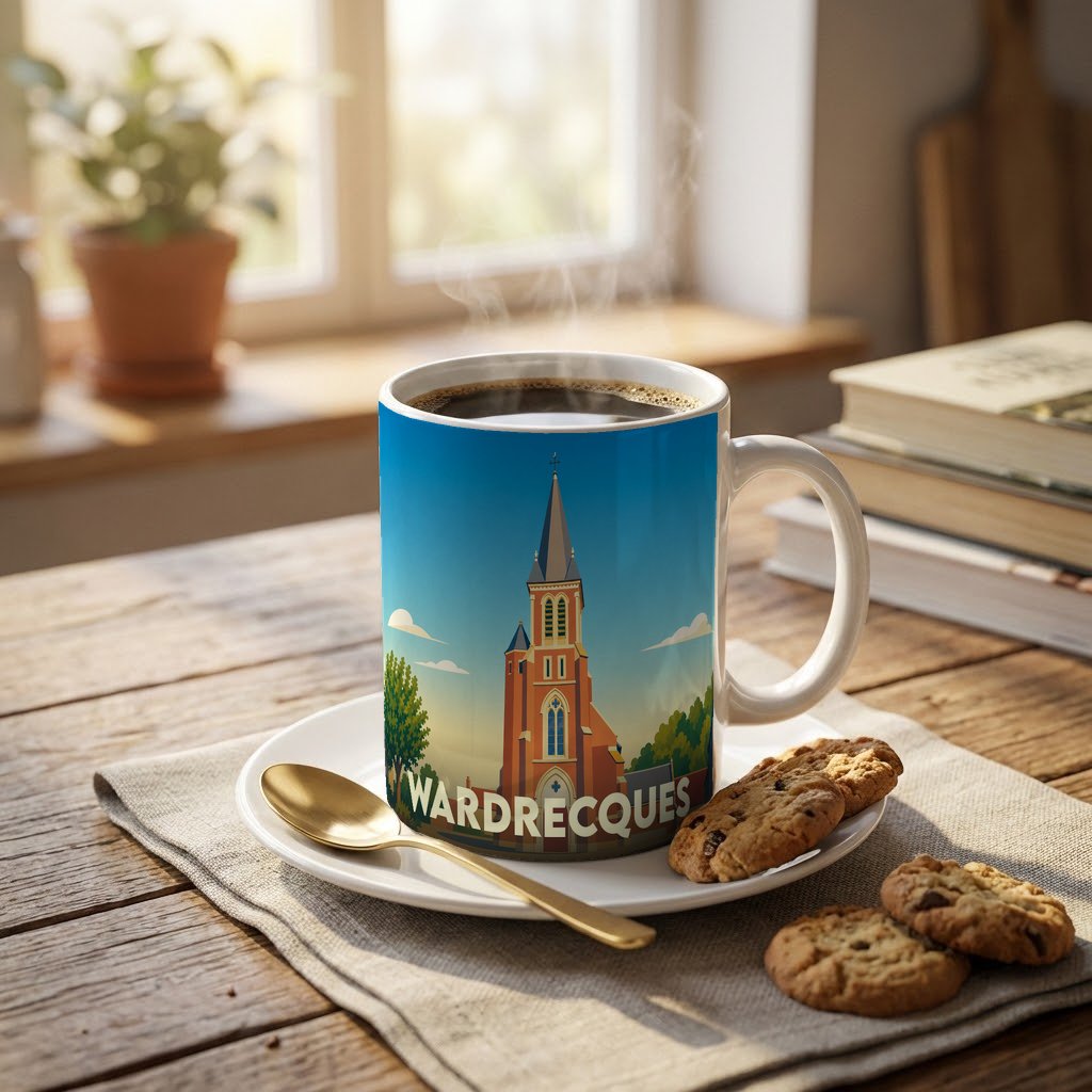 Mug souvenir de la ville de Wardrecques orné d'une illustration stylisée de son église.