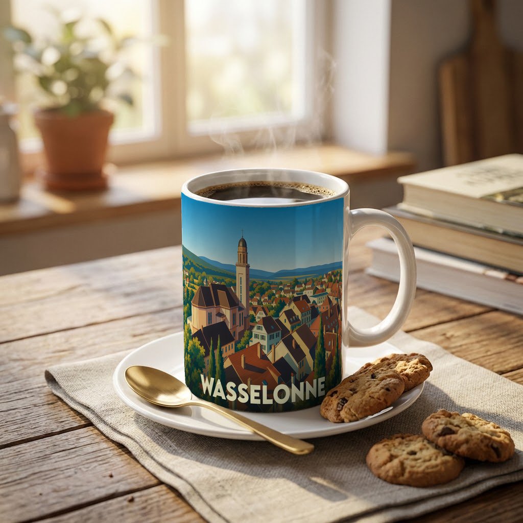 Mug souvenir de la ville de Wasselonne orné d'une illustration stylisée du village et de son clocher.