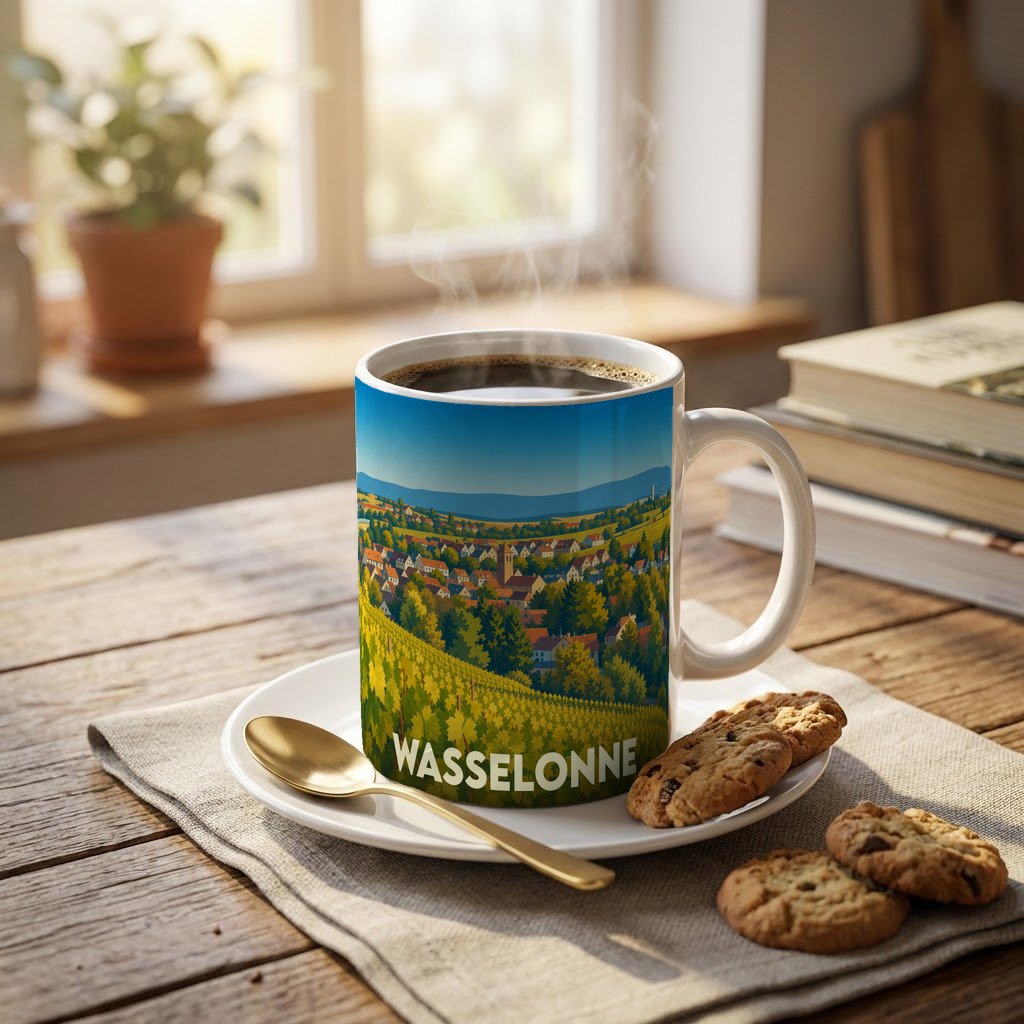Mug souvenir de la ville de Wasselonne avec une illustration stylisée de son paysage et de ses vignobles.