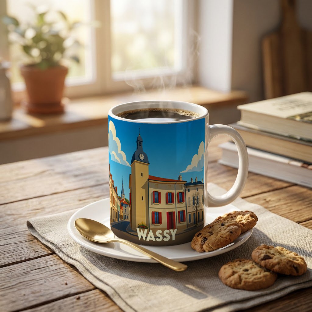 Mug souvenir de la ville de Wassy avec une illustration stylisée.