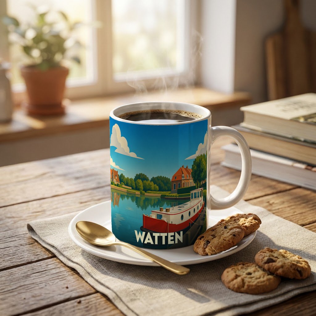 Mug souvenir de la ville de Watten orné d'une illustration stylisée d'un canal et de son bateau.