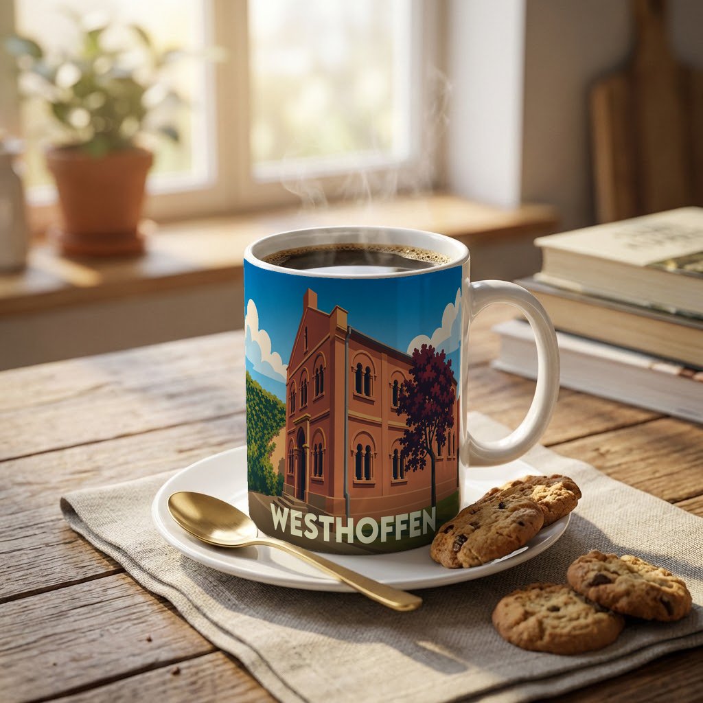 Mug souvenir de la ville de Westhoffen orné d'une illustration stylisée de son architecture.