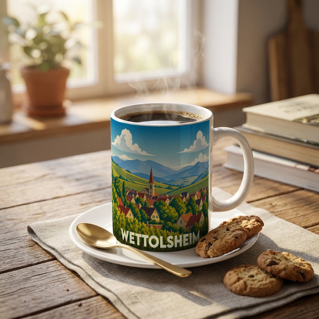 Mug souvenir de la ville de Wettolsheim avec une illustration stylisée de son paysage alsacien.