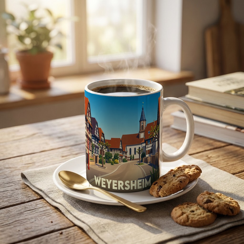 Mug souvenir de la ville de Weyersheim avec une illustration stylisée de ses maisons à colombages.