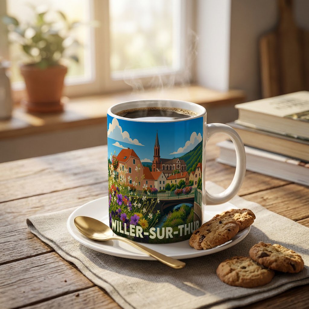 Mug souvenir de la ville de Willer-sur-Thur avec une illustration stylisée.