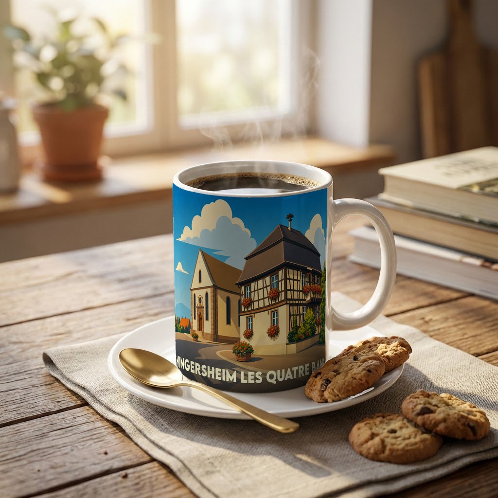 Mug souvenir de la ville de Wingersheim les Quatre Bans avec une illustration stylisée d'une maison à colombages et d'une église.