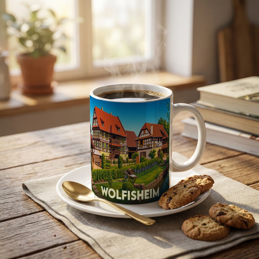 Mug souvenir de la ville de Wolfisheim avec une illustration stylisée de maisons à colombages.