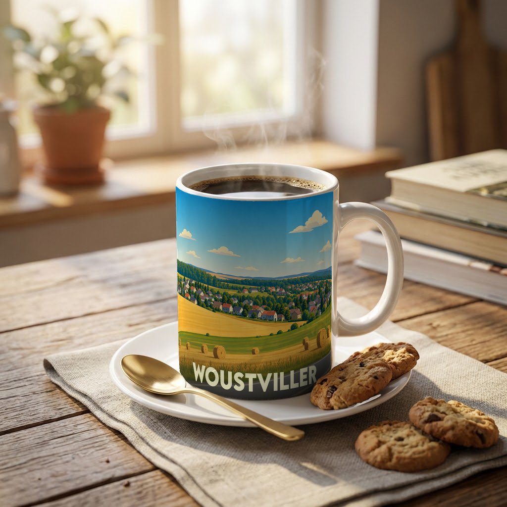 Mug souvenir de la ville de Woustviller orné d'une illustration stylisée de son paysage rural.