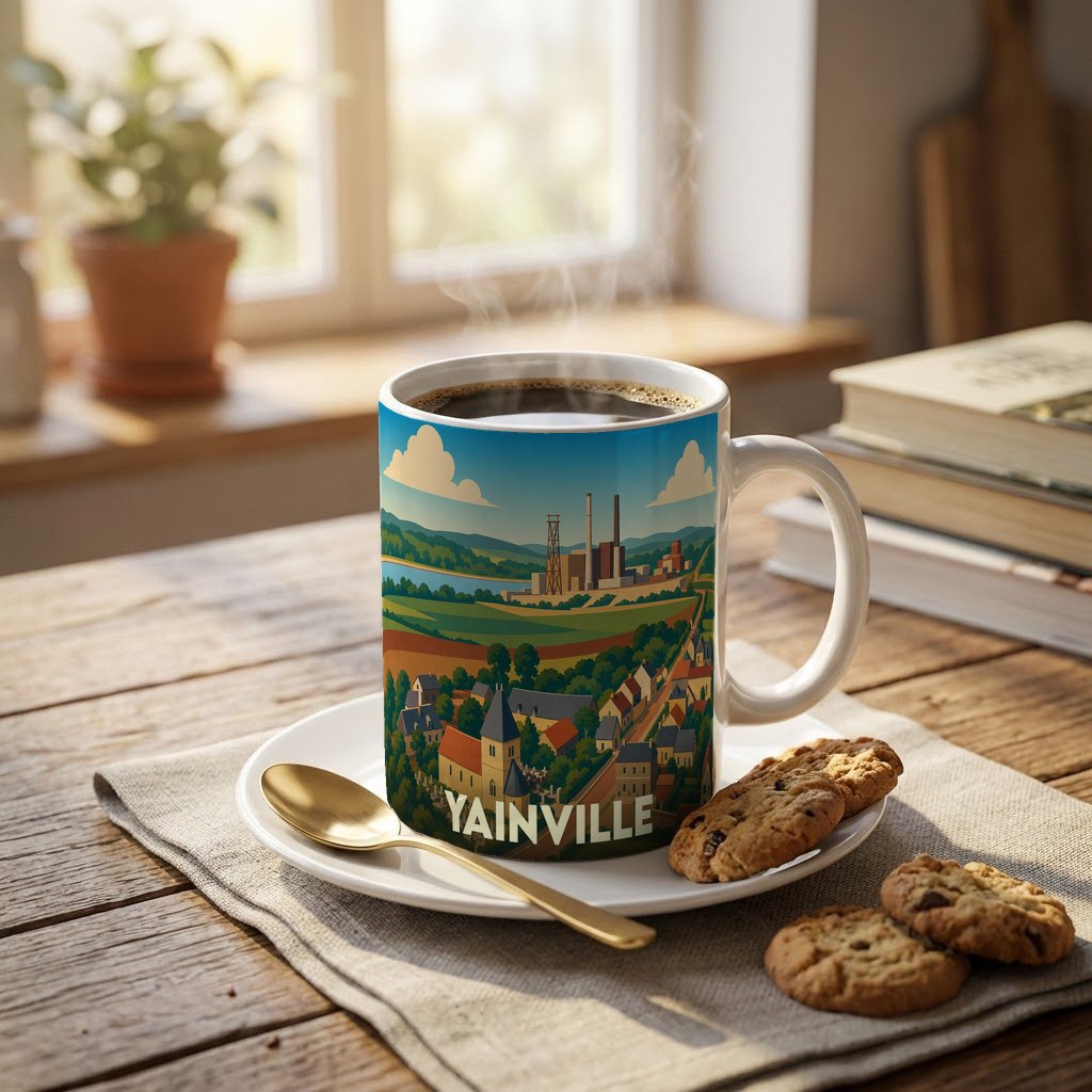 Mug souvenir de la ville de Yainville avec une illustration stylisée.