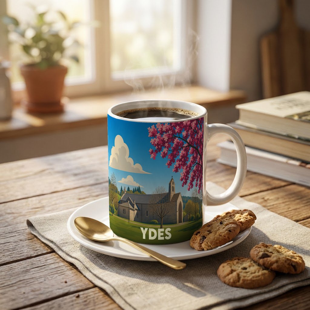 Mug souvenir de la ville de Ydes avec une illustration stylisée d'une église sous un cerisier en fleurs.