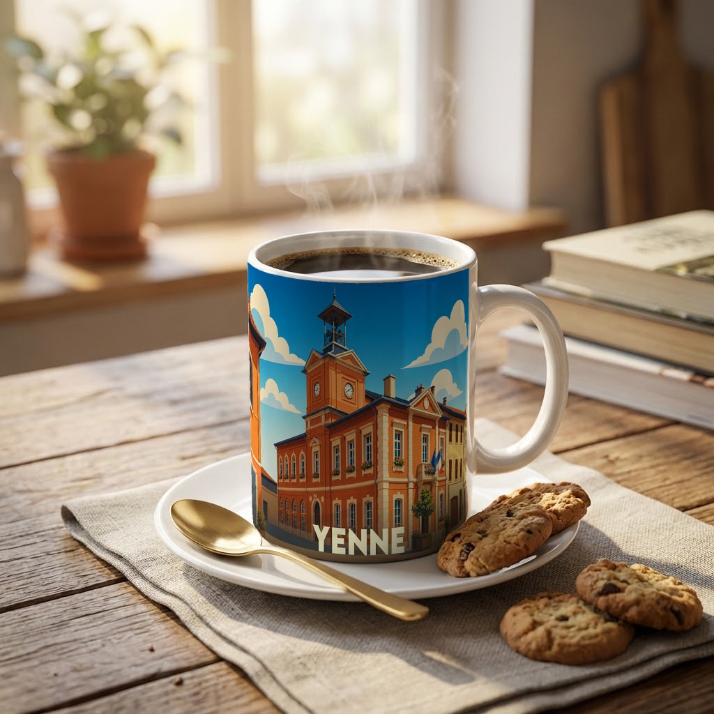 Mug souvenir de la ville de Yenne avec une illustration stylisée de son architecture.