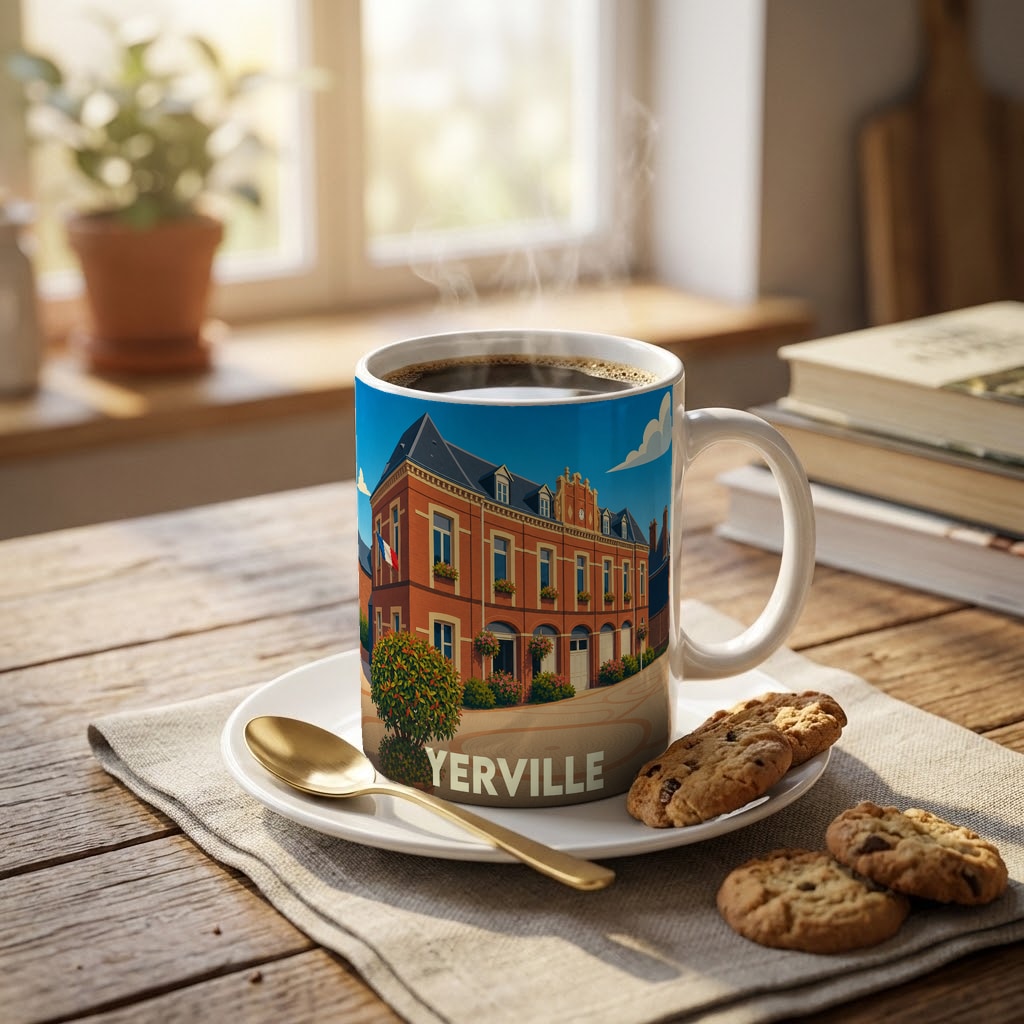 Mug souvenir de la ville de Yerville orné d'une illustration stylisée de son hôtel de ville.