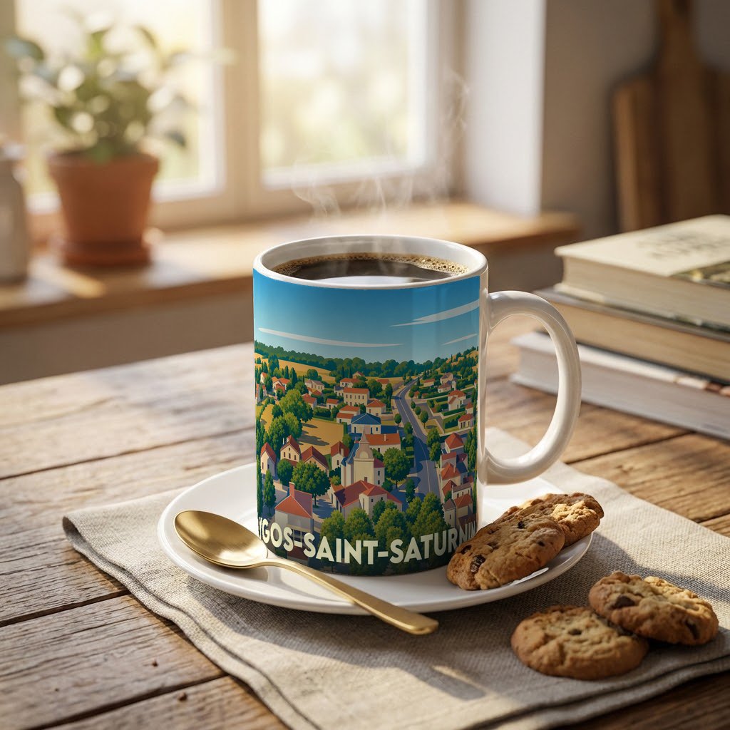 Mug souvenir de la ville d’Ygos-Saint-Saturnin orné d’une illustration stylisée de son paysage urbain.
