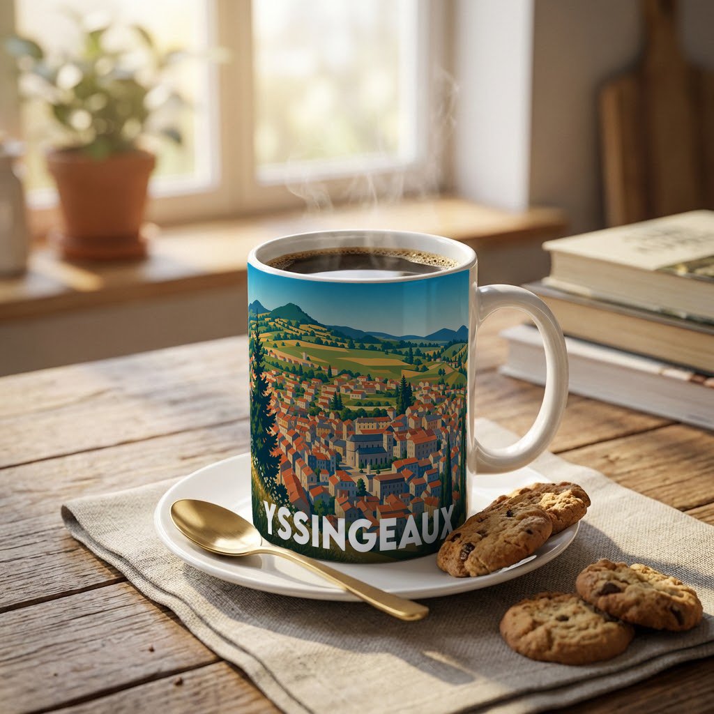 Mug souvenir de la ville d'Yssingeaux illustré d'un paysage urbain stylisé niché au cœur des montagnes.