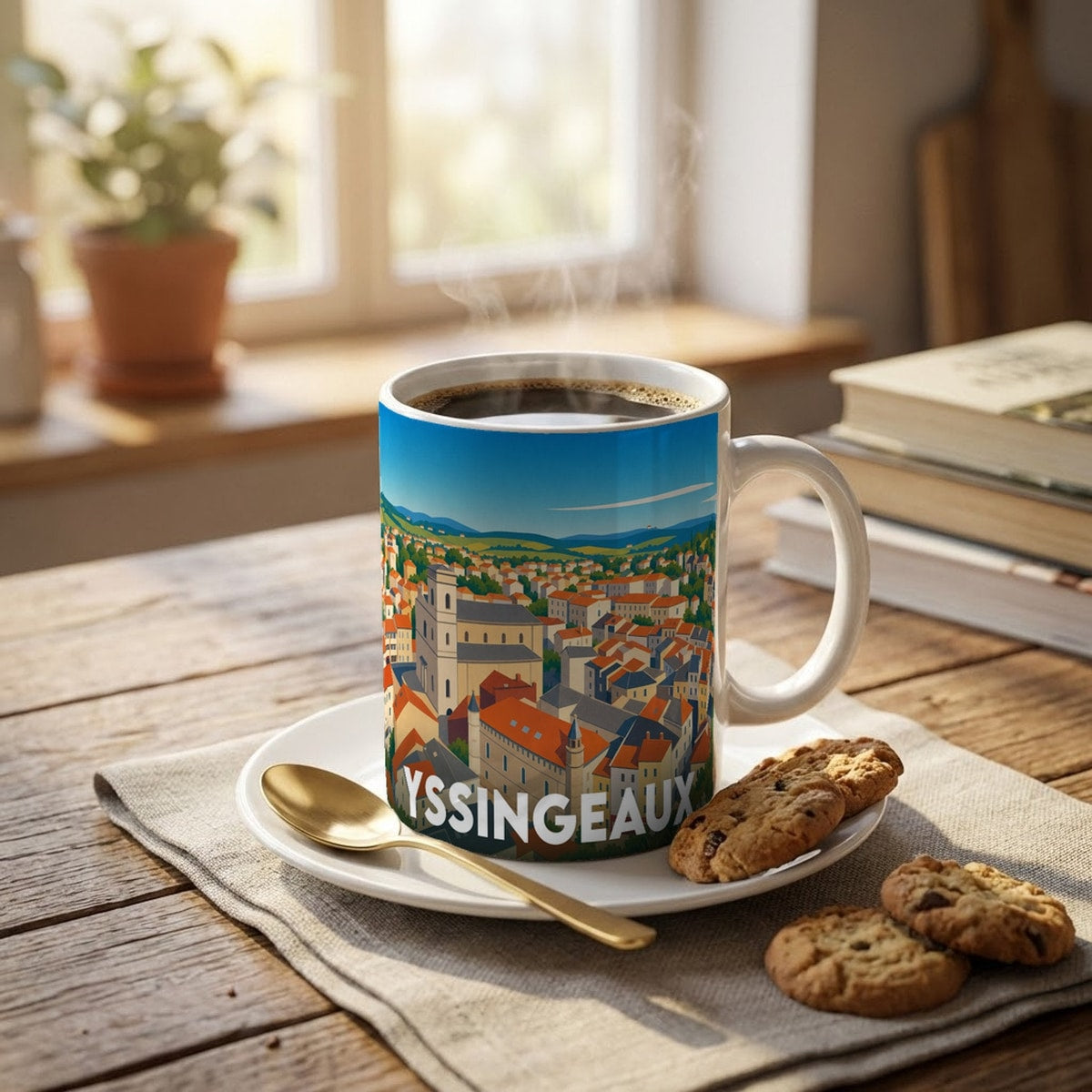 Mug souvenir de la ville d'Yssingeaux illustré d'un paysage urbain stylisé niché au cœur des montagnes.