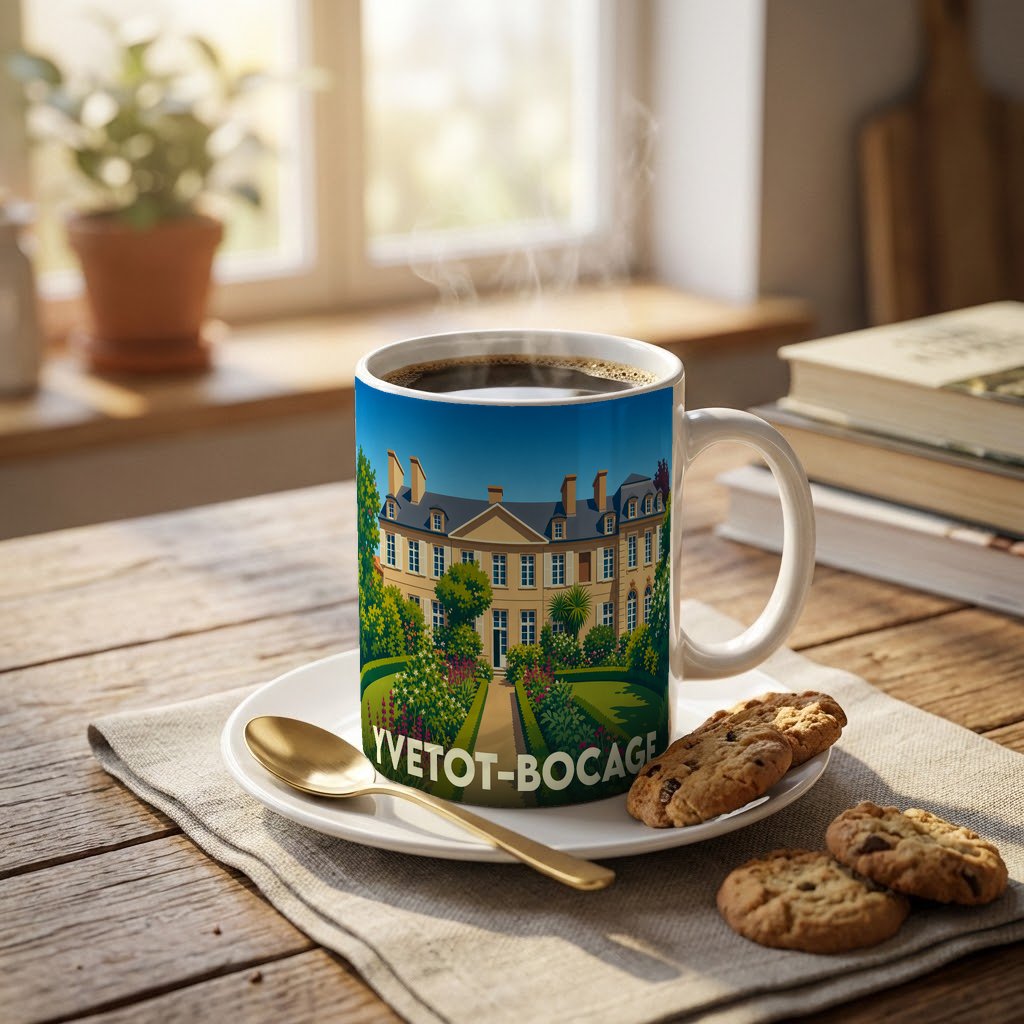 Mug souvenir de la ville de Yvetot-Bocage avec une illustration stylisée d'un château et de ses jardins.