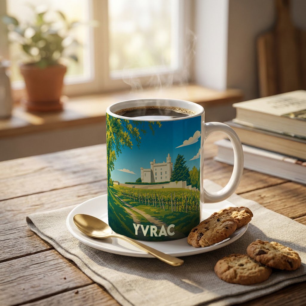 Mug souvenir de la ville d'Yvrac orné d'une illustration stylisée représentant un château et son vignoble.
