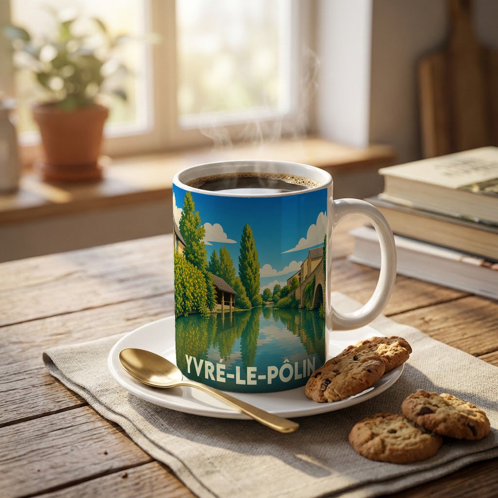 Mug souvenir de la ville d'Yvré-le-Pôlin arborant une illustration stylisée de son paysage fluvial.