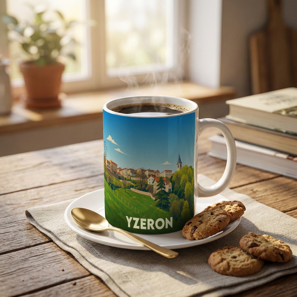 Mug souvenir de la ville d'Yzeron avec une illustration stylisée de son paysage vallonné.