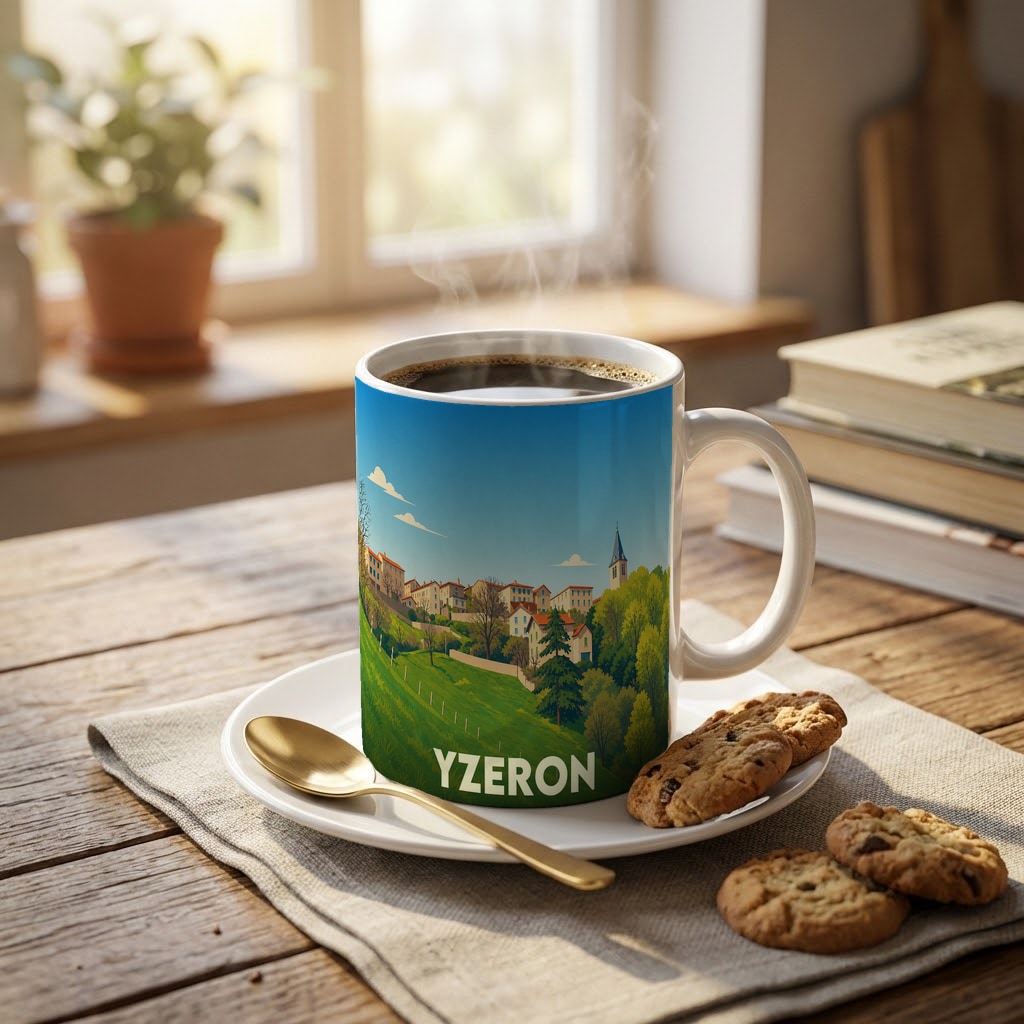 Mug souvenir de la ville d'Yzeron avec une illustration stylisée de son paysage vallonné.
