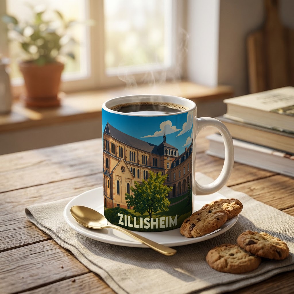 Mug souvenir de la ville de Zillisheim orné d'une illustration stylisée de son architecture emblématique.